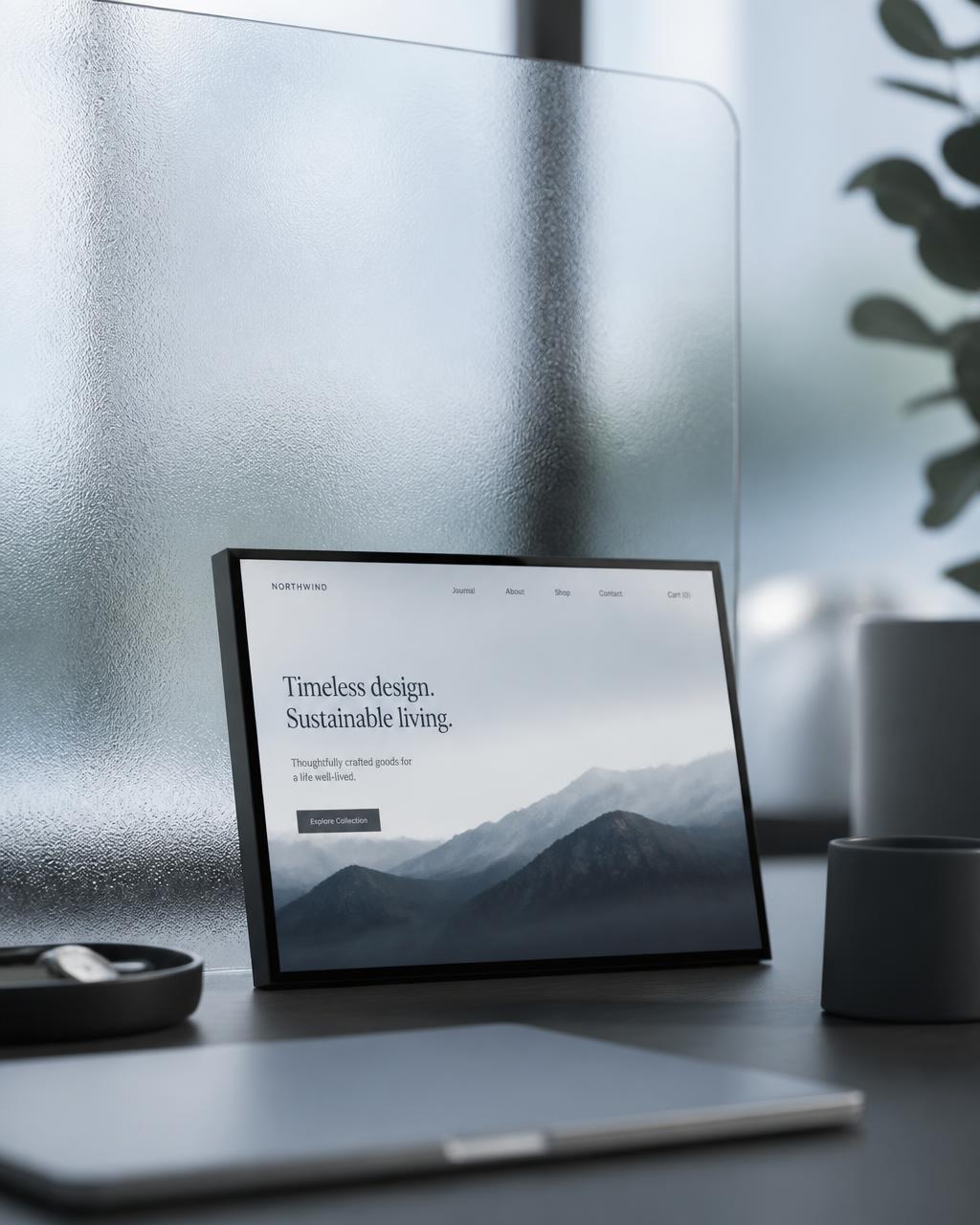 Framed website mockup on a minimal desk in cool daylight